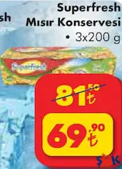 SUPERFRESH MISIR KONSERVESİ 3X200 G fiyat ve kampanya bilgisi